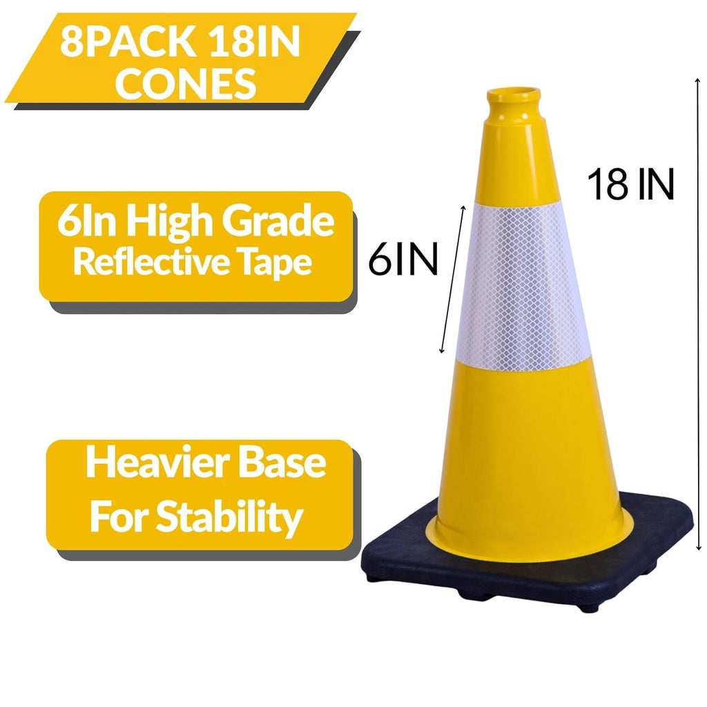 BESEA 8Pack 18 Inch Yellow Traffic Cones with 6 Inch Reflective Collar, Heavy Duty PVC Safety Cones with 10.5 x 10.5 Inch Base for Parking, Driving Practice, Sports Training, and Construction