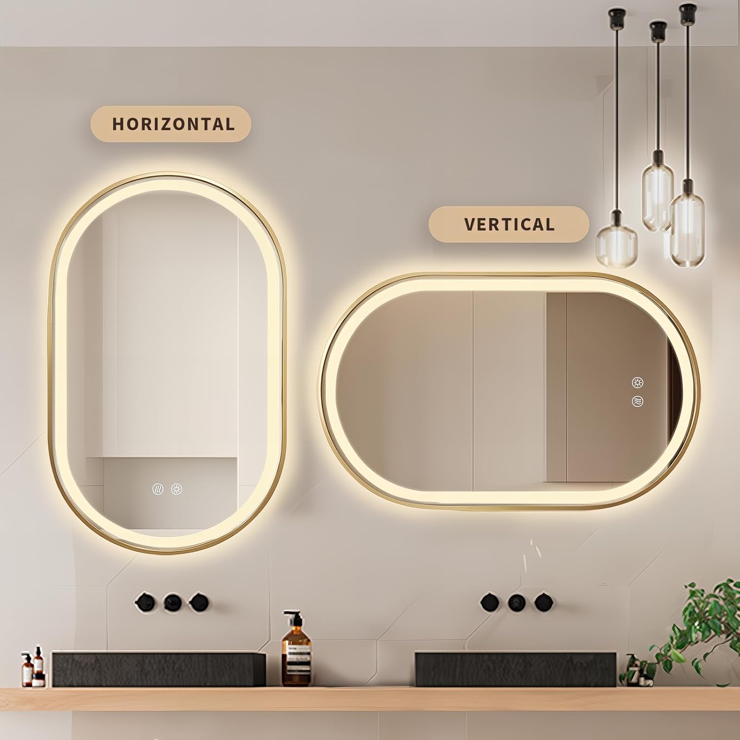 Niccy Oval LED Mirror for Bathroom, 32x20 Front Lit + Backlit Vanity Mirrors with Light Anti-Fog, Shatter-Proof, Makeup Mirror with Gold Frame (Horizontal/Vertical)