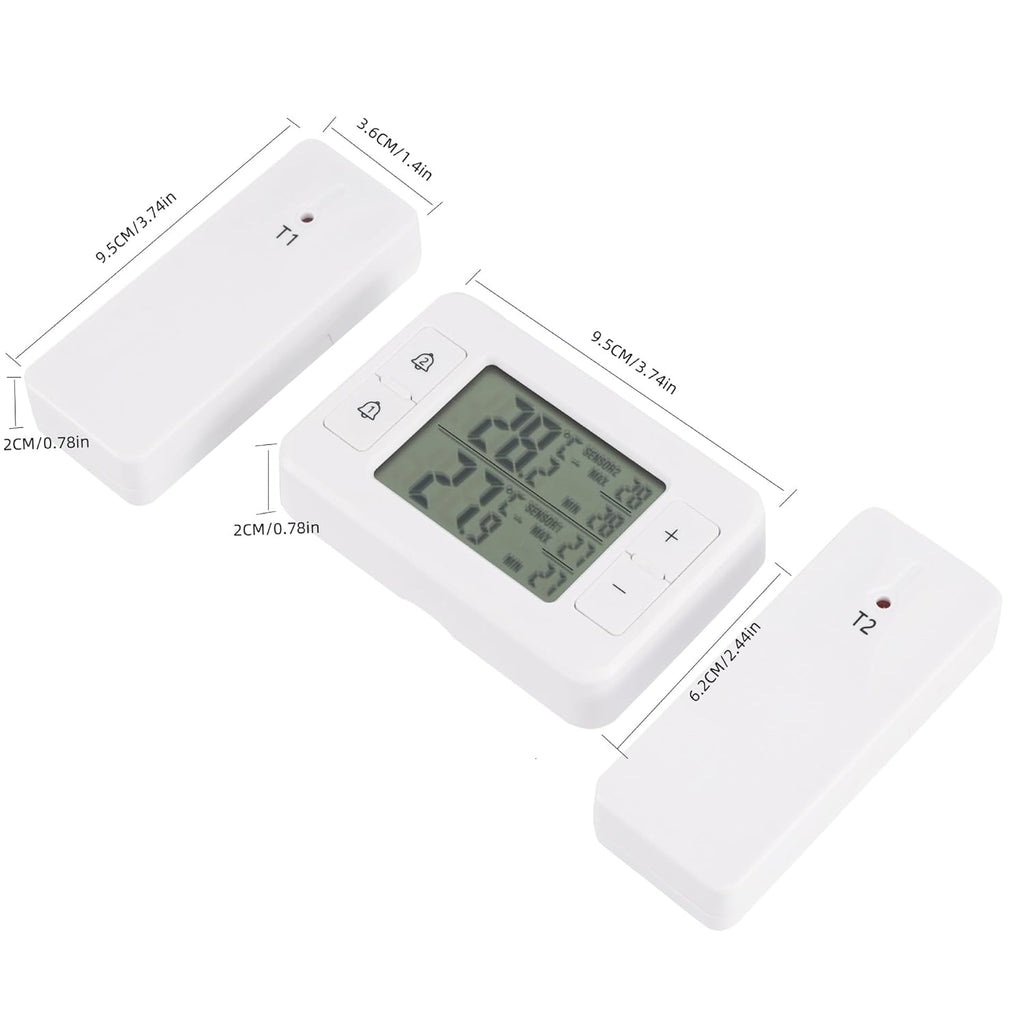Refrigerator Thermometer, Digital Freezer Thermometer with 2 Wireless Temperature Monitor Sensors, Big LCD Display, Min/Max, Audible Alarm for Home Restaurants Fridge