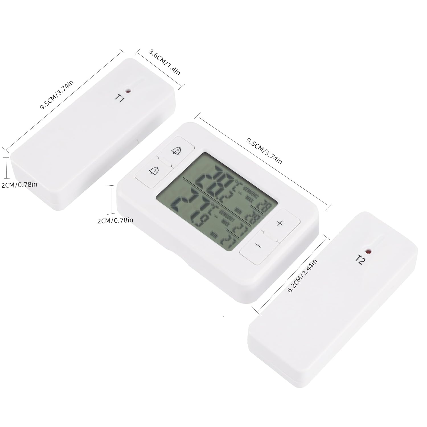 Refrigerator Thermometer, Digital Freezer Thermometer with 2 Wireless Temperature Monitor Sensors, Big LCD Display, Min/Max, Audible Alarm for Home Restaurants Fridge