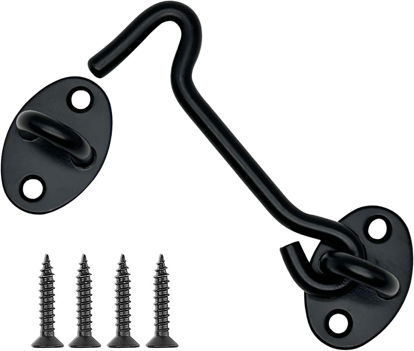 4 Pack 4" Hook and Eye Gate Latch, Stainless Steel Rust-Resistant Barn Door Lock Cabin Hooks for Gate Shutters Window Slide Barn Shed Cabinet Bathroom, with 16pcs Screw,Black