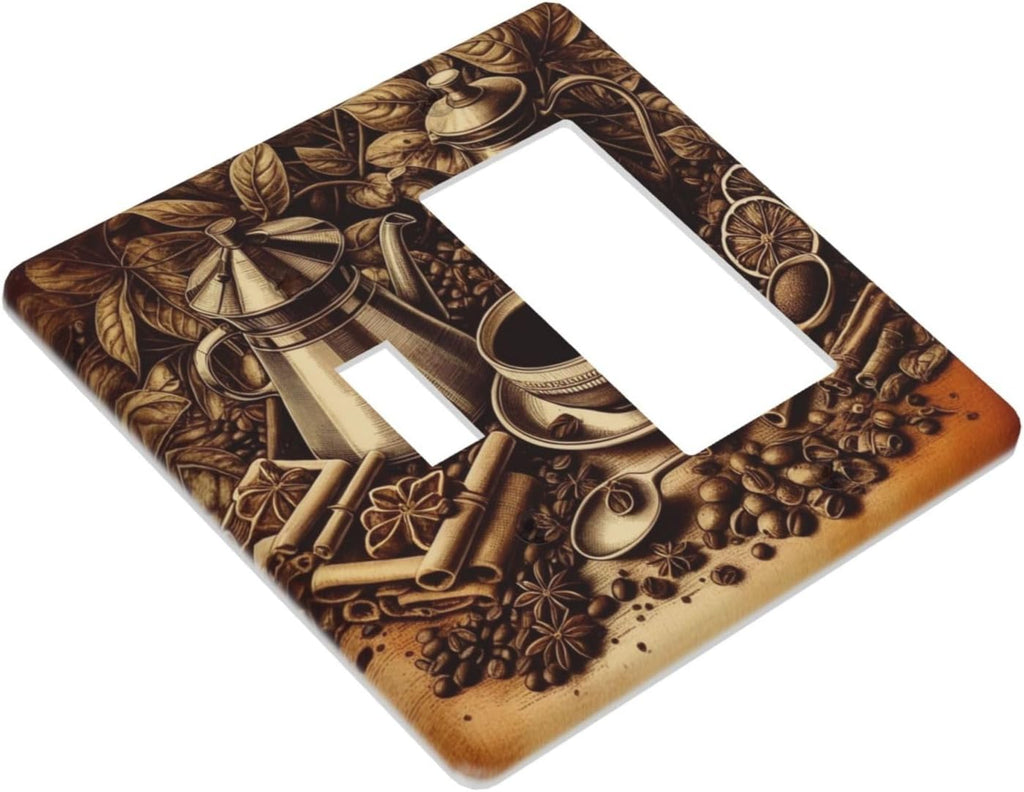 Decorative Outlet Covers Vintage Coffee Beans Leaf Cup 2 Gang 1 Gang Wall Plate Cover Single Toggle Rocker Combo Light Switch Cover Plate Face Plate for Kitchen Decor