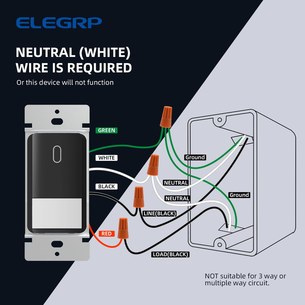 ELEGRP Matte Black Single Pole Occupancy Motion Sensor Light Switch, Need Neutral Wire, 120° Sensor Coverage PIR Infrared Motion Activated, for CFL/LED/MLV/INC/HAL/Fan, UL,1 Pack