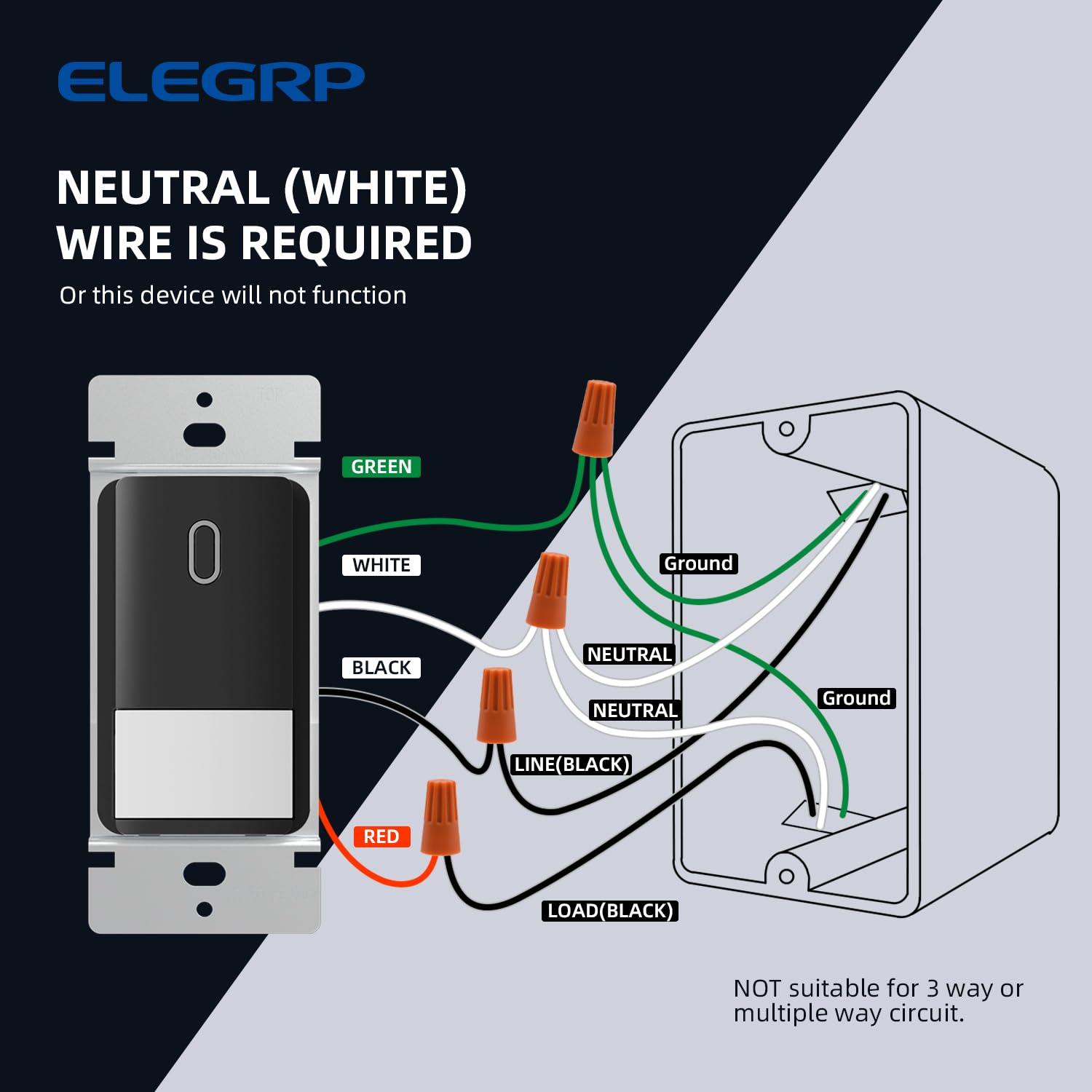 ELEGRP Matte Black Single Pole Occupancy Motion Sensor Light Switch, Need Neutral Wire, 120° Sensor Coverage PIR Infrared Motion Activated, for CFL/LED/MLV/INC/HAL/Fan, UL,2 Pack