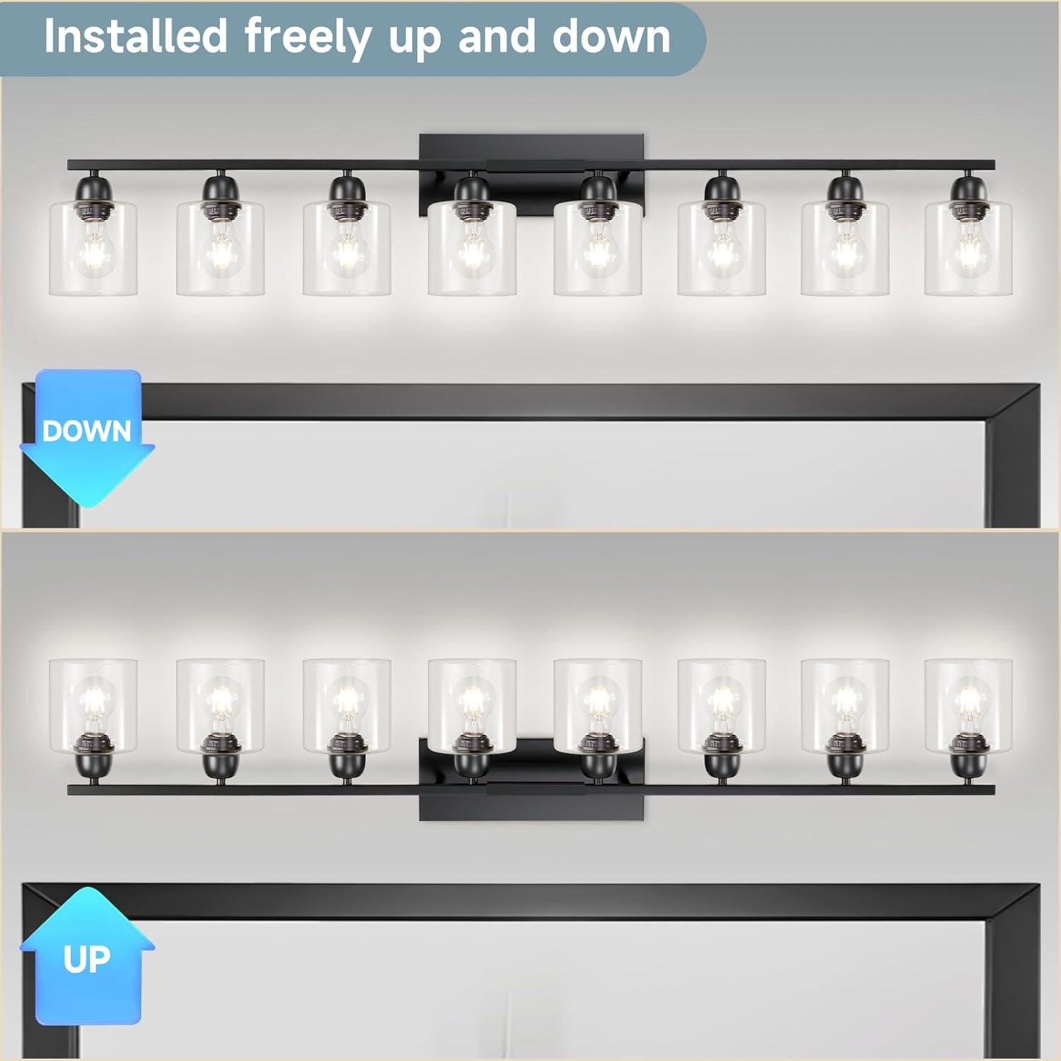 Modern 8 Light Bathroom Light Fixtures, 52 inch Vanity Lights for Bathroom with Clear Glass, Black Bathroom Light Fixture for Mirror Kitchen Living Room Hallway Cabinet Porch