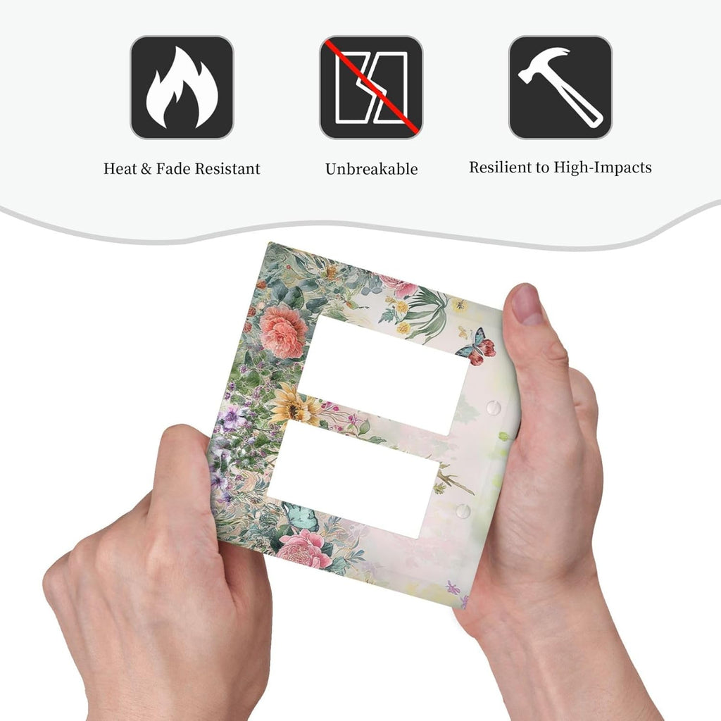 Rustic Floral Watercolor Flower Blossom Butterfly Outlet Covers Light Switch Cover Plate 2 Gang Double Rocker Wall Plates Decorative Switch Plates Plug Cover Electrical GFCI Receptacle 4.9 X 5 IN