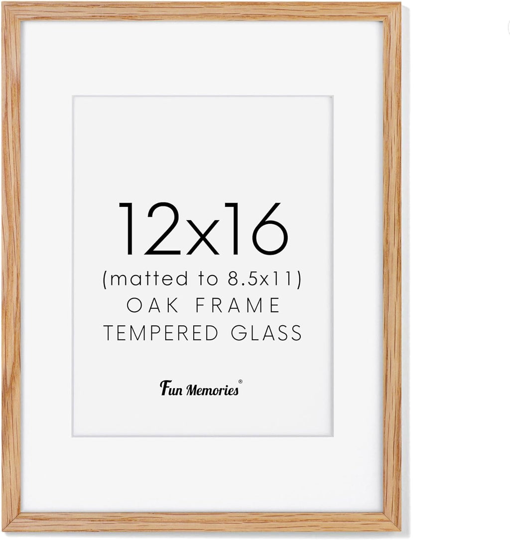12x16 Picture Frame, Solid Oak Wood 12 x 16 Frame for Wall, 12 by 16 Picture Frames with Real Glass, 12x16 Frame Matted to 8.5x11, Rusitic Wood 12"x16" Poster Frame, Natural Oak Color, 1 Pack