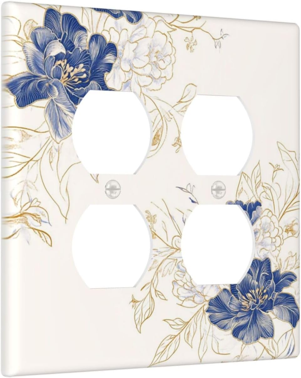 Decorative Outlet Covers Rustic Blue Flower Floral Gold Leaf 2 Gang Light Switch Cover Plate Double Duplex Wall Plates for Electrical Outlets Switch Plate Covers for Bedroom Home Decor