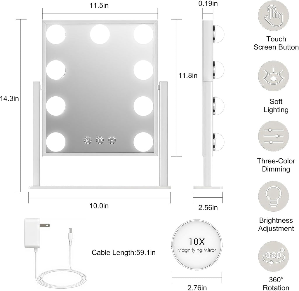 Lighted Vanity Mirror with 9 LED Lights, Detachable 10x Magnifying Mirror, 3-Color dimmable Hollywood Makeup Mirror, Smart Touch Control, Metal Frame, 360-degree Rotation, White/Black (White)