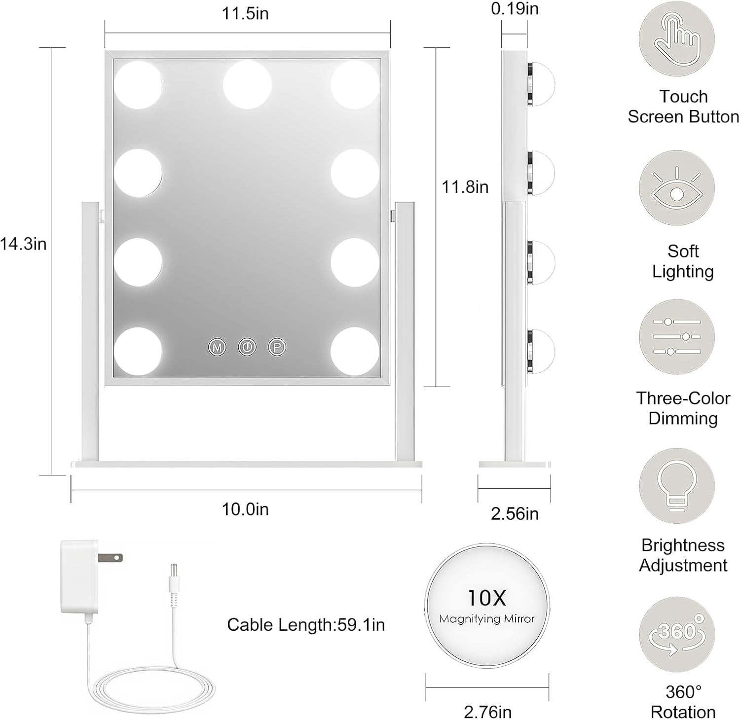 Lighted Vanity Mirror with 9 LED Lights, Detachable 10x Magnifying Mirror, 3-Color dimmable Hollywood Makeup Mirror, Smart Touch Control, Metal Frame, 360-degree Rotation, White/Black (White)
