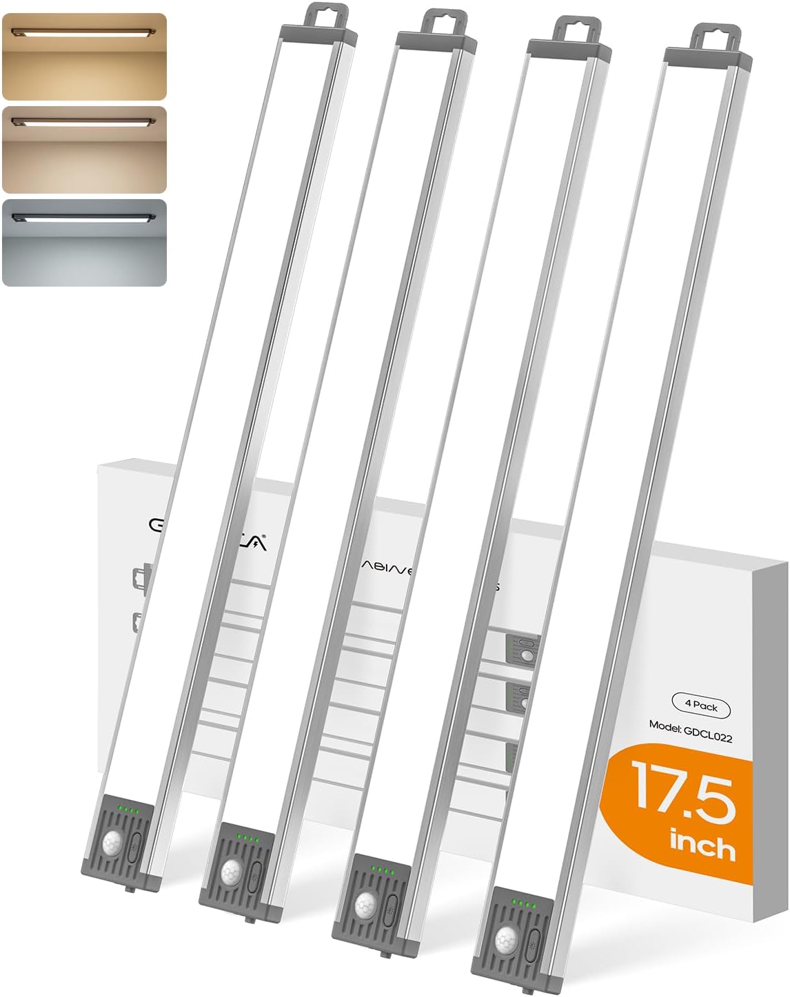 17.5Inch Under Cabinet Lighting, 4500mAh Rechargeable Battery Motion Sensor Light Indoor, Wireless Under Cabinet Lights for Kitchen, Closet(4 Pack)