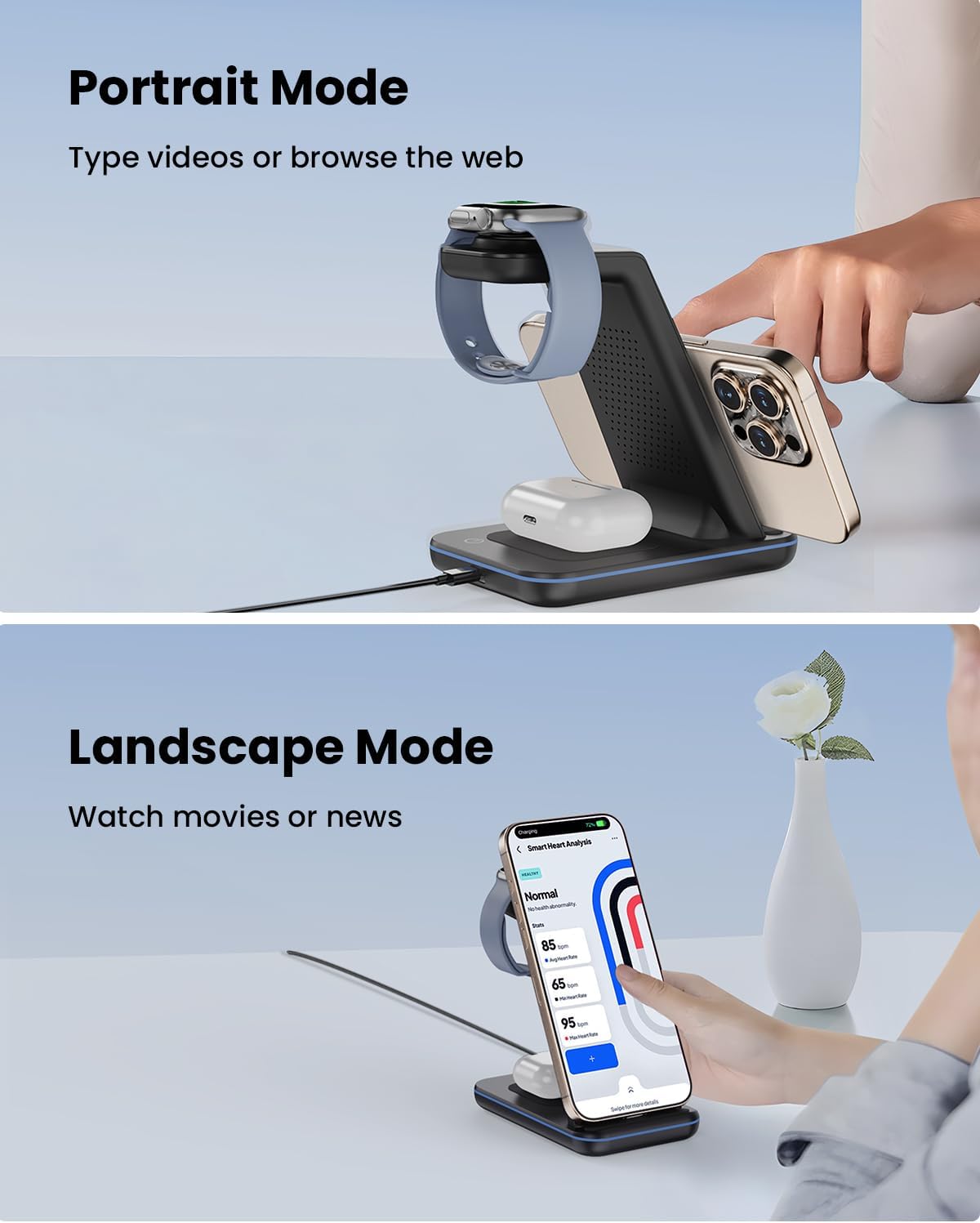 Wireless Charger Stand, CIYOYO 3 in 1 Fast Wireless Charging Station Dock for Apple Watch 11/9/8/7/6/SE/5/4/3/2, Airpods 3/2/Pro, iPhone 17/16/15/14/14 Plus/14 Pro Max/13/13 Pro/12/12 Pro/SE/X/XR/XS/8