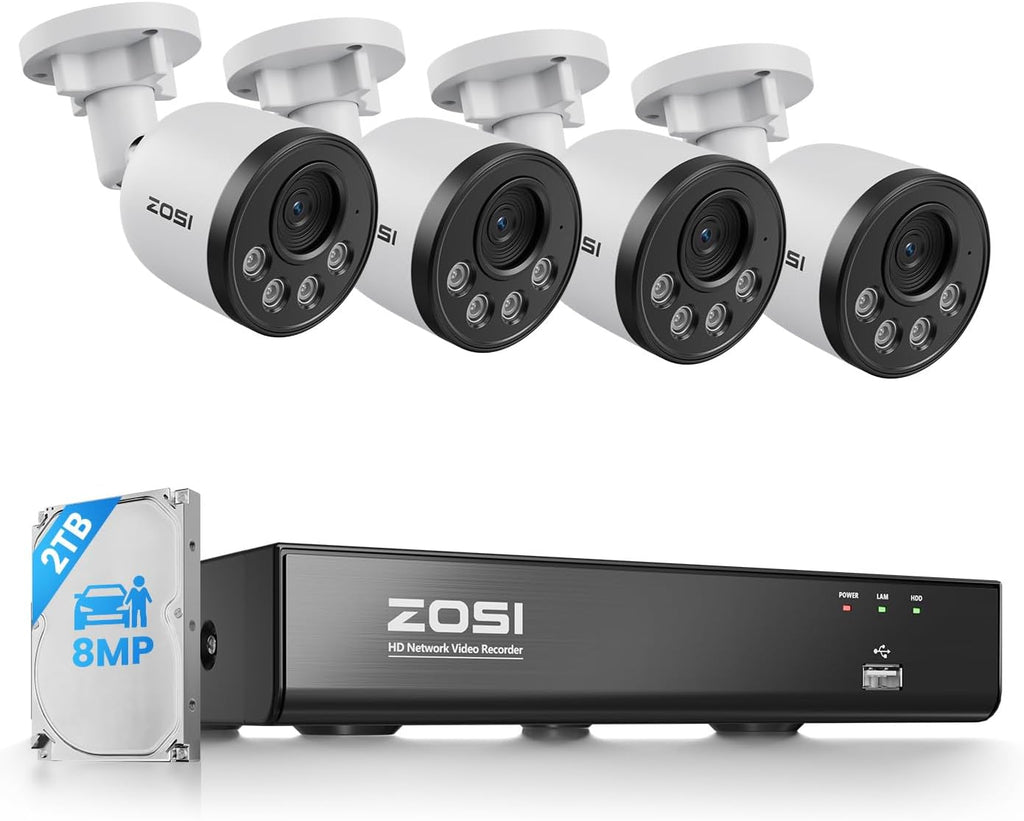 ZOSI 4K PoE NVR Security Camera System,4pcs 8MP Weatherproof Wired PoE Cameras,Smart Person Vehicle Detection,One-Way Audio,People Counting,H.265+ 4K/8MP 8CH NVR with 2TB HDD for Home 24/7 Recording