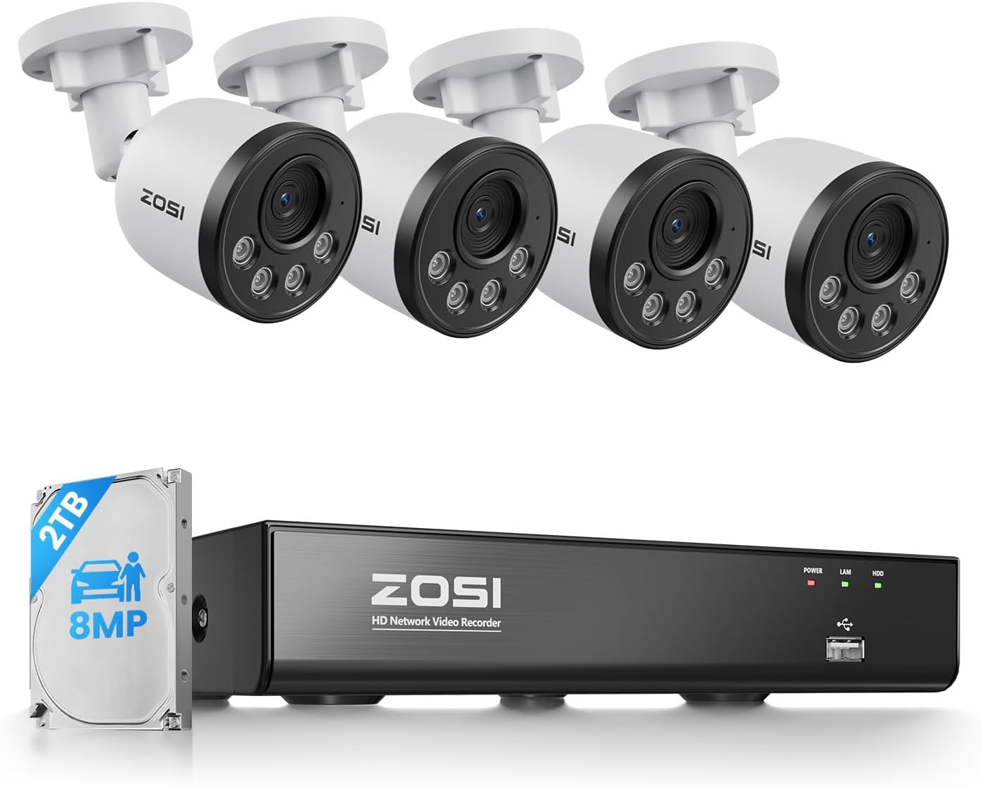 ZOSI 4K PoE NVR Security Camera System,4pcs 8MP Weatherproof Wired PoE Cameras,Smart Person Vehicle Detection,One-Way Audio,People Counting,H.265+ 4K/8MP 8CH NVR with 2TB HDD for Home 24/7 Recording