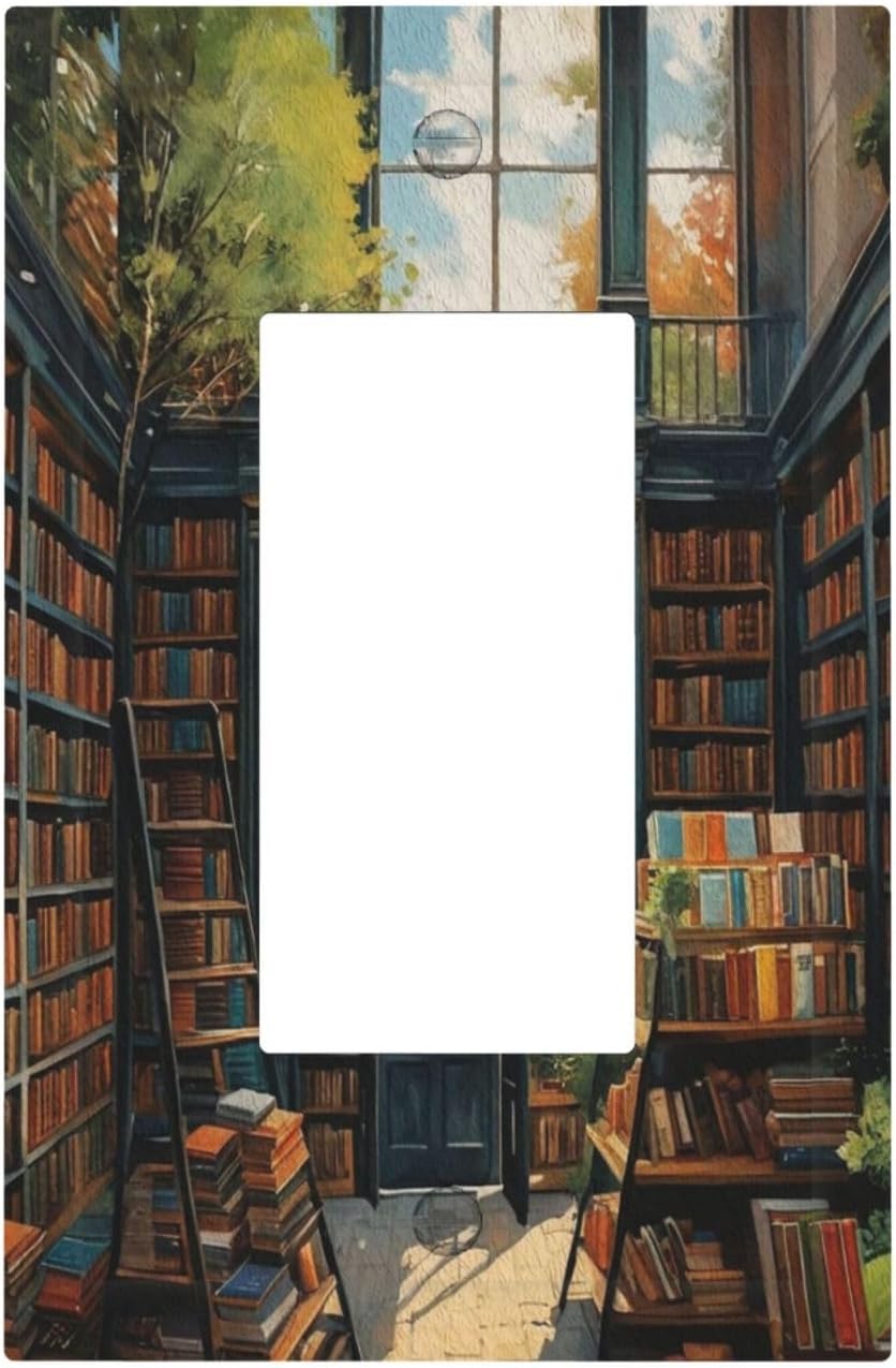 Library With A Lot Of Books Single Decora Outlet Wall Plate 1 Gang Rocker Decorative Switchplate Faceplate GFCI Light Switch Covers for Home Living Decor