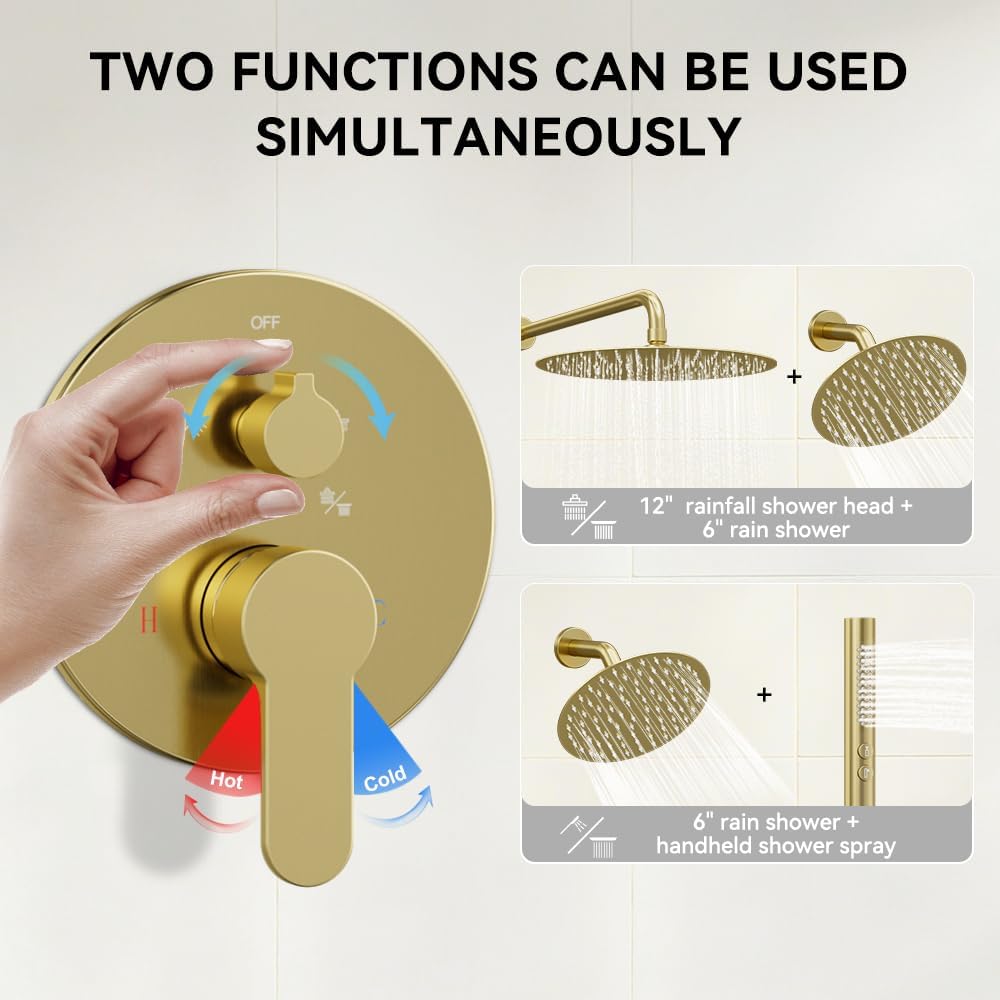 Shower Systems STARBATH 12+6" Round Dual Rainfall Shower Head with Handheld Spray for Two People, Wall Mounted 3 Way Rain Shower Faucet Sets Complete, Included Valve and Trim Kit, Brushed Gold