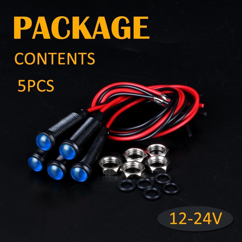 5pcs 6mm LED Indicator Light Plastic Black Signal Dot Lamp 12V-24V 1/4" Mounting Hole Size with 15cm/5.9in. Wire (Blue LED)