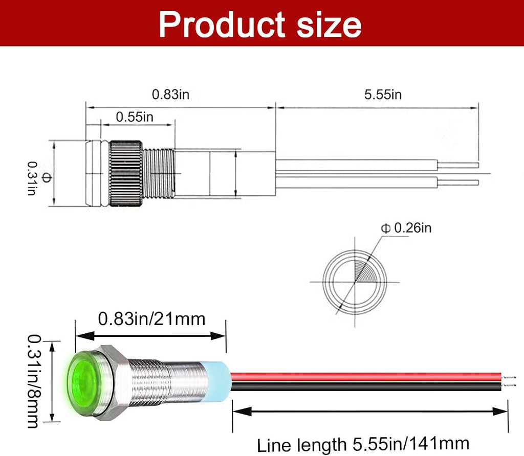 10pcs 6mm 1/4" AC/DC 12-24V LED Metal Indicator Light Pilot Dash Directional with Wire Waterproof Signal Lamp(Green)