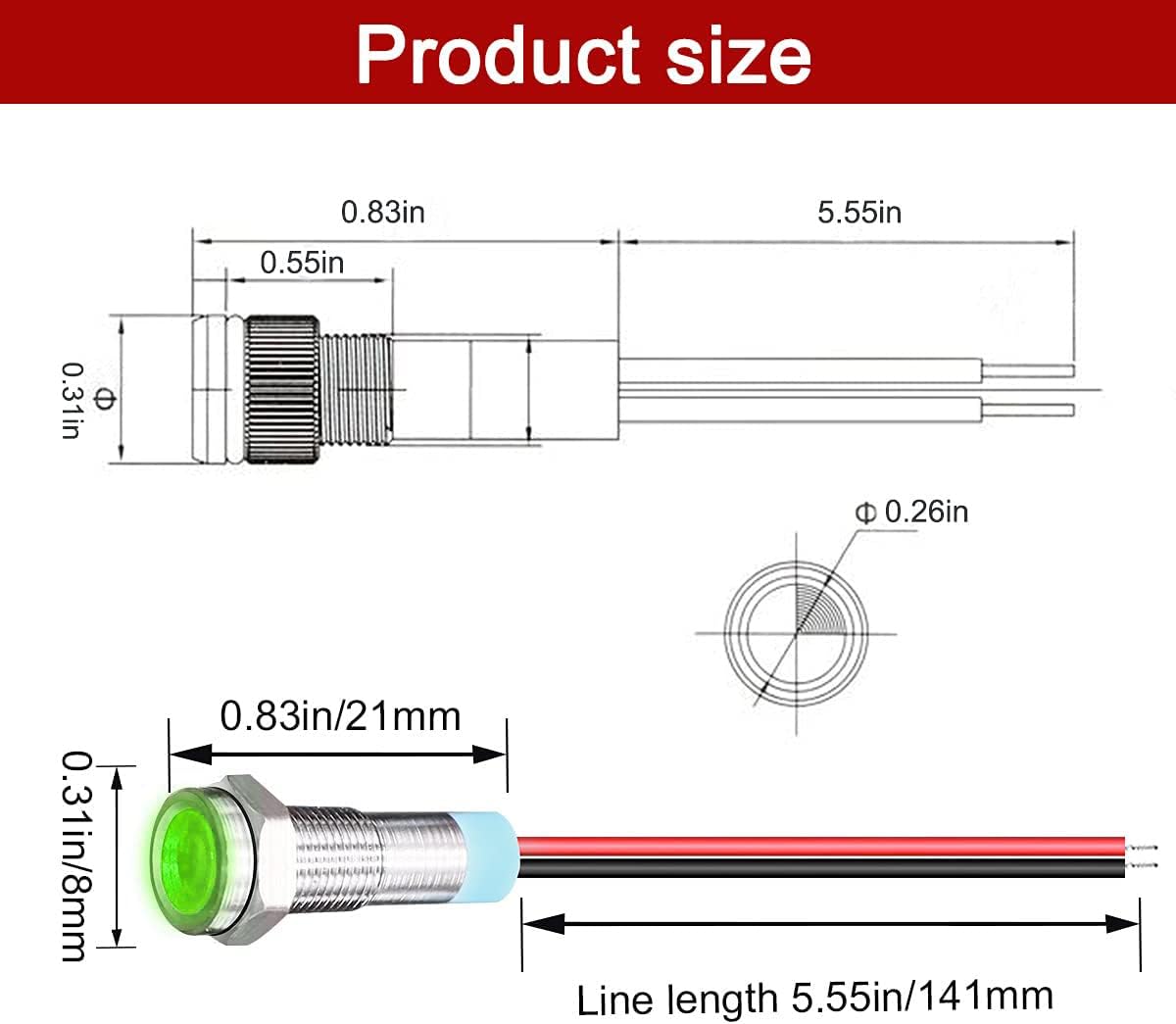 10pcs 6mm 1/4" AC/DC 12-24V LED Metal Indicator Light Pilot Dash Directional with Wire Waterproof Signal Lamp(Green)