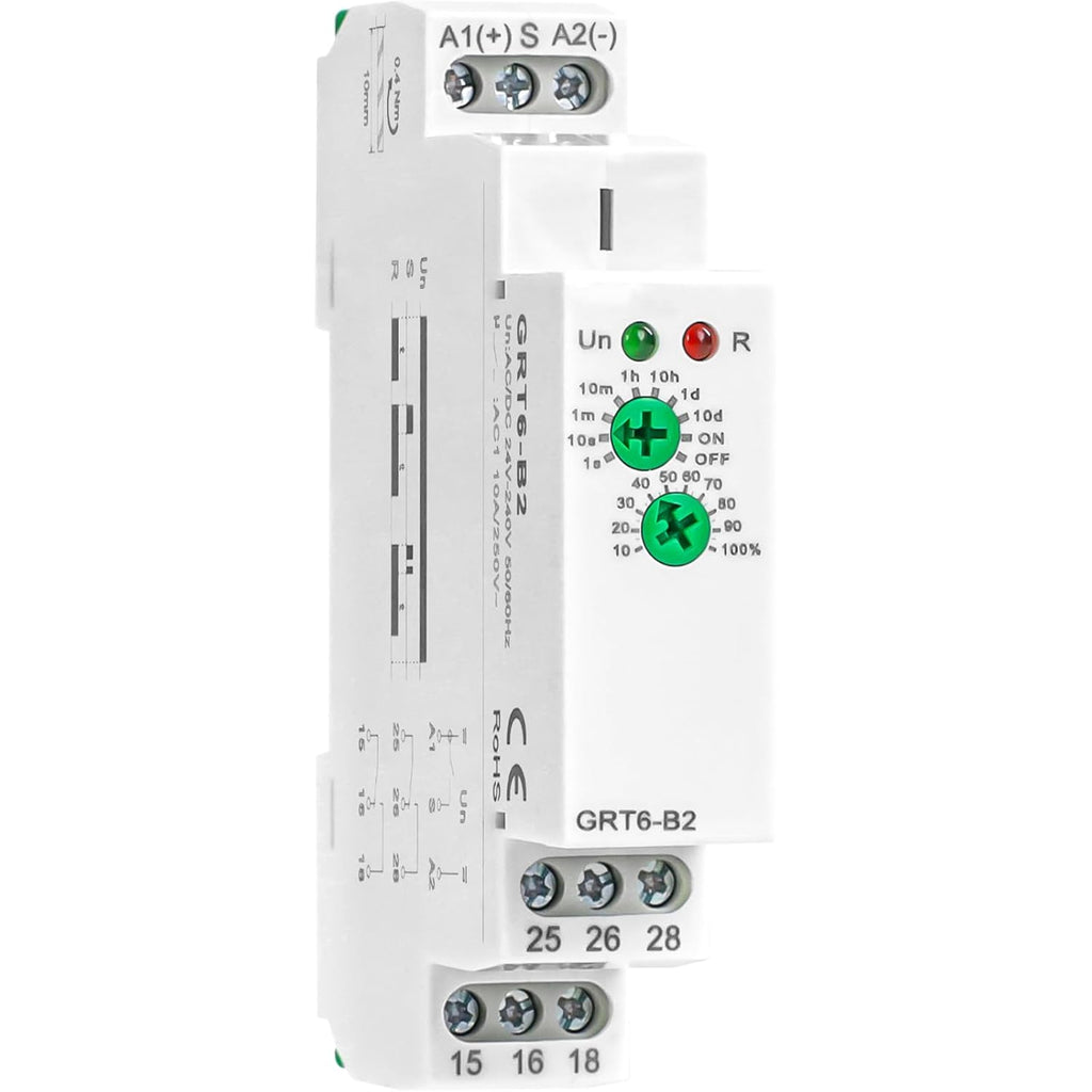 Delay Off Time Relay GRT6-B2 10A Adjustable Smart Relay, Delay Turn Off Electronic Timer in Din Rail, 0.1s-10 Days Wide Range Delay Factory Automation Time Universal Voltage AC DC 24V 240V