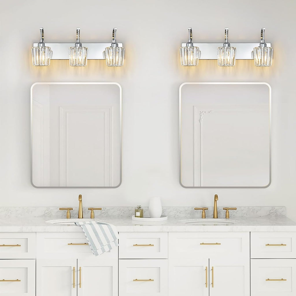 Modern Bathroom Vanity Light, 3-Light Chrome Wall Sconce with Crystal Accents, Over Mirror Bathroom Lighting Fixture, 23.62" Long Dimmable Vanity Lamp for Makeup, Easy Installation