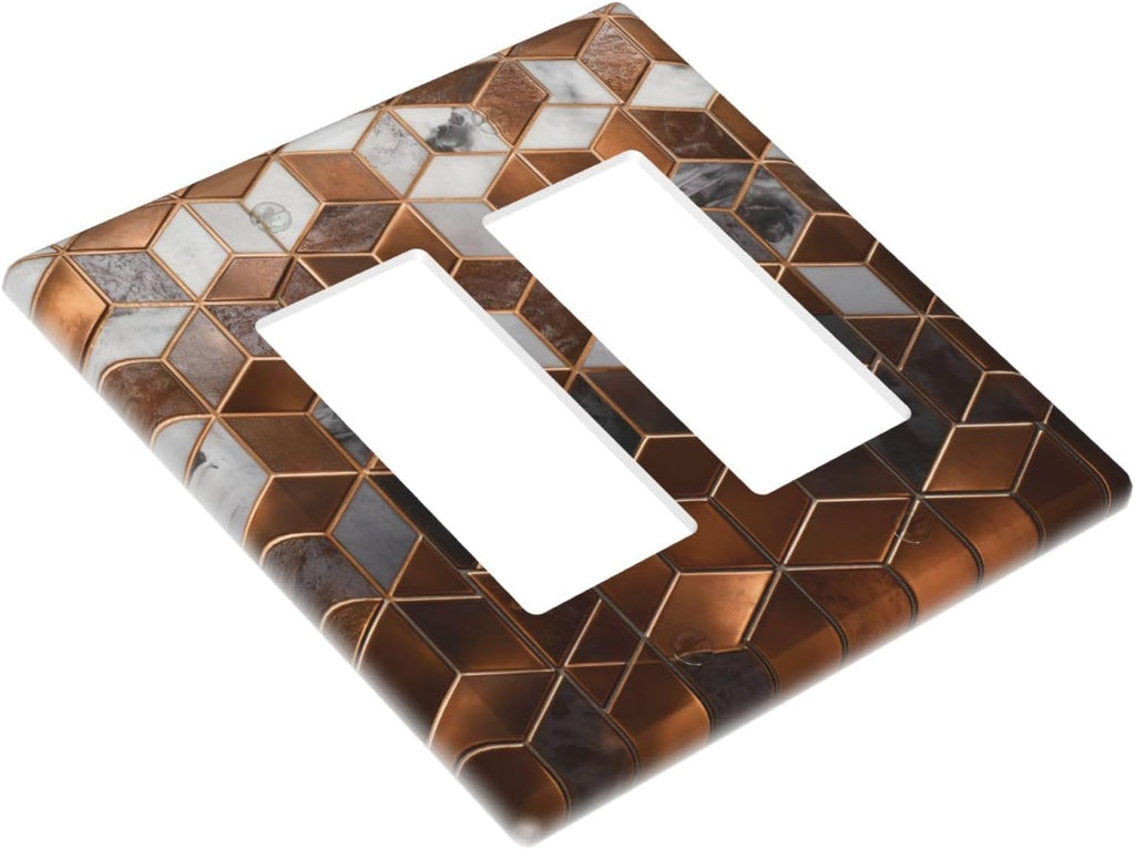 Brown Abstract Luxury Modern Geometric Cubic Marble 2 Gang Double Rocker Decorative Light Switch Covers Electrical Faceplate Switch Plates for Bathroom Kitchen Home