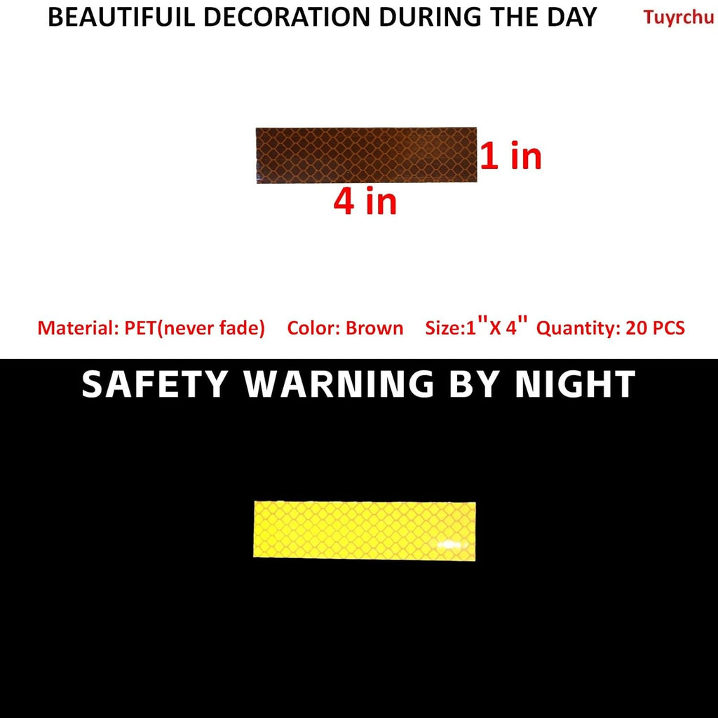 Non Fading Brown Reflective Stickers 1 inch X 4 inch, Outdoor Waterproof High Visibility Warning Safety Adhesive Reflector Tape (20 Pcs)