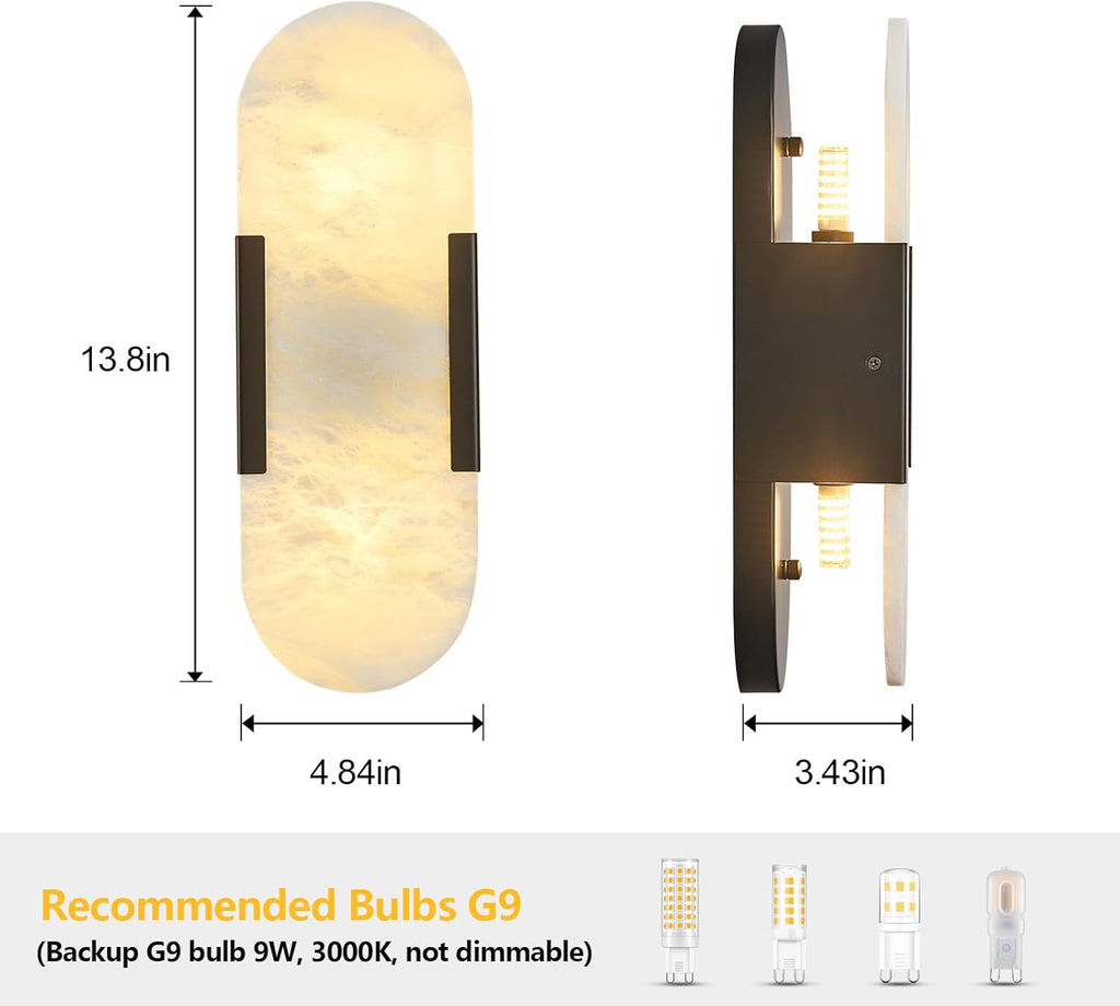 Alabaster Wall Sconces Set of Two, Modern Natural Marble Wall Sconces for Indoor Lighting, 13.8 in Black Wall Lights for Bathroom Dining Room Stairs Bedroom