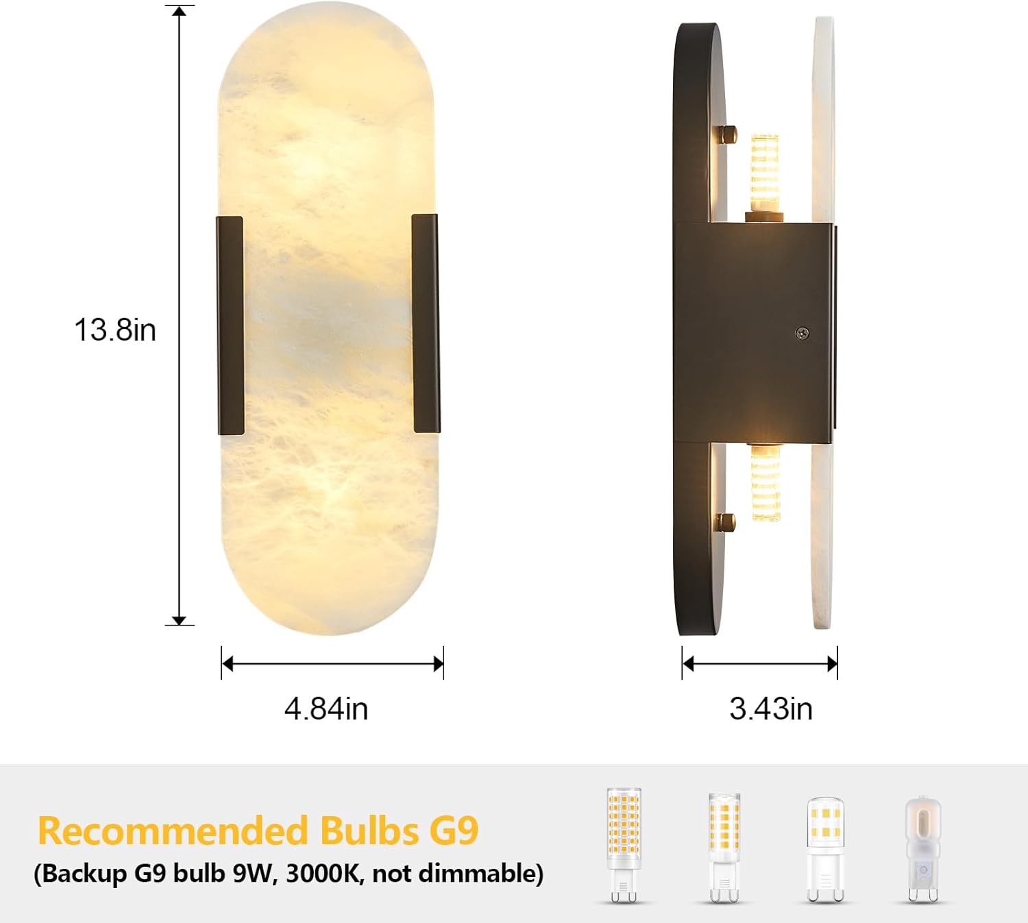 Alabaster Wall Sconces Set of Two, Modern Natural Marble Wall Sconces for Indoor Lighting, 13.8 in Black Wall Lights for Bathroom Dining Room Stairs Bedroom