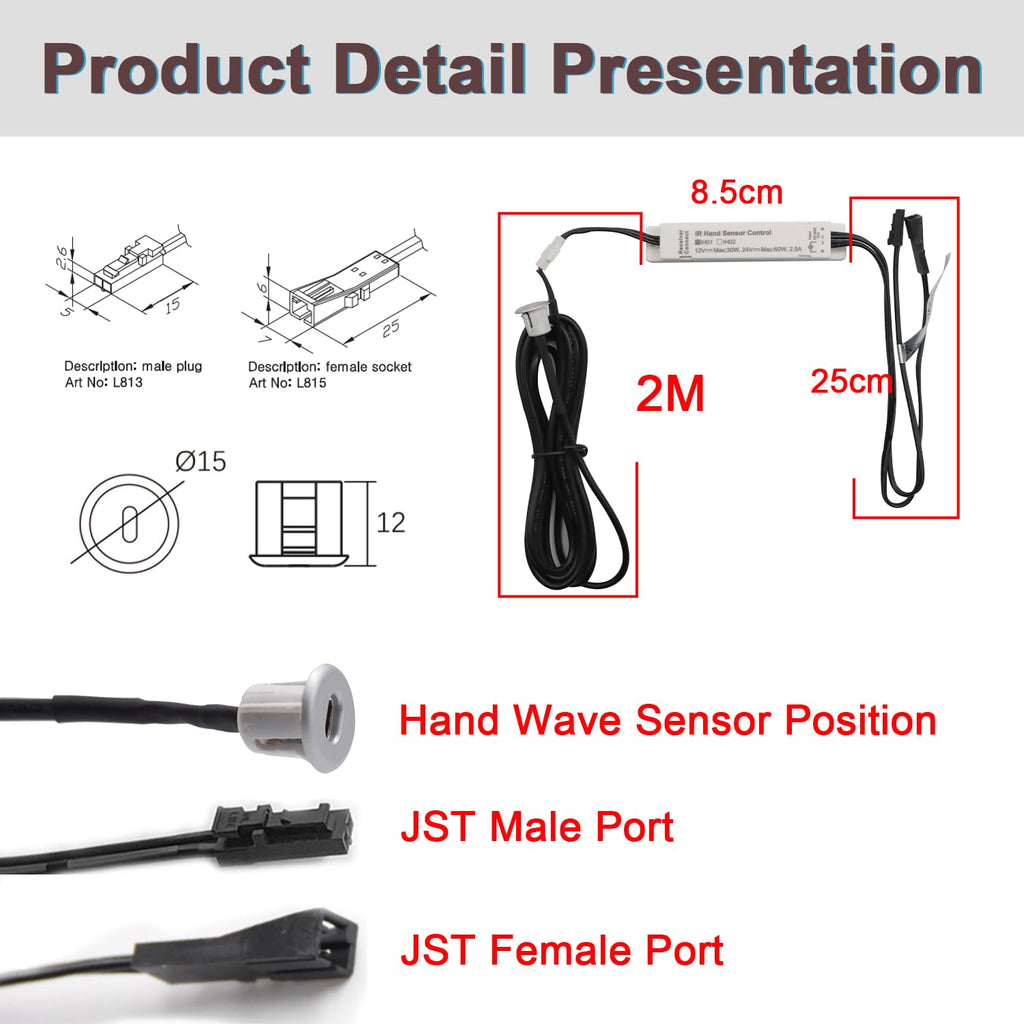 VST Motion Sensor Light Switch, IR Handwave Activated Dimmable Light Switch for Closet Light LED Strip Light Under Cabinet Lighting with 12V JST Male and Female Connector (DC 12/24V 3A)