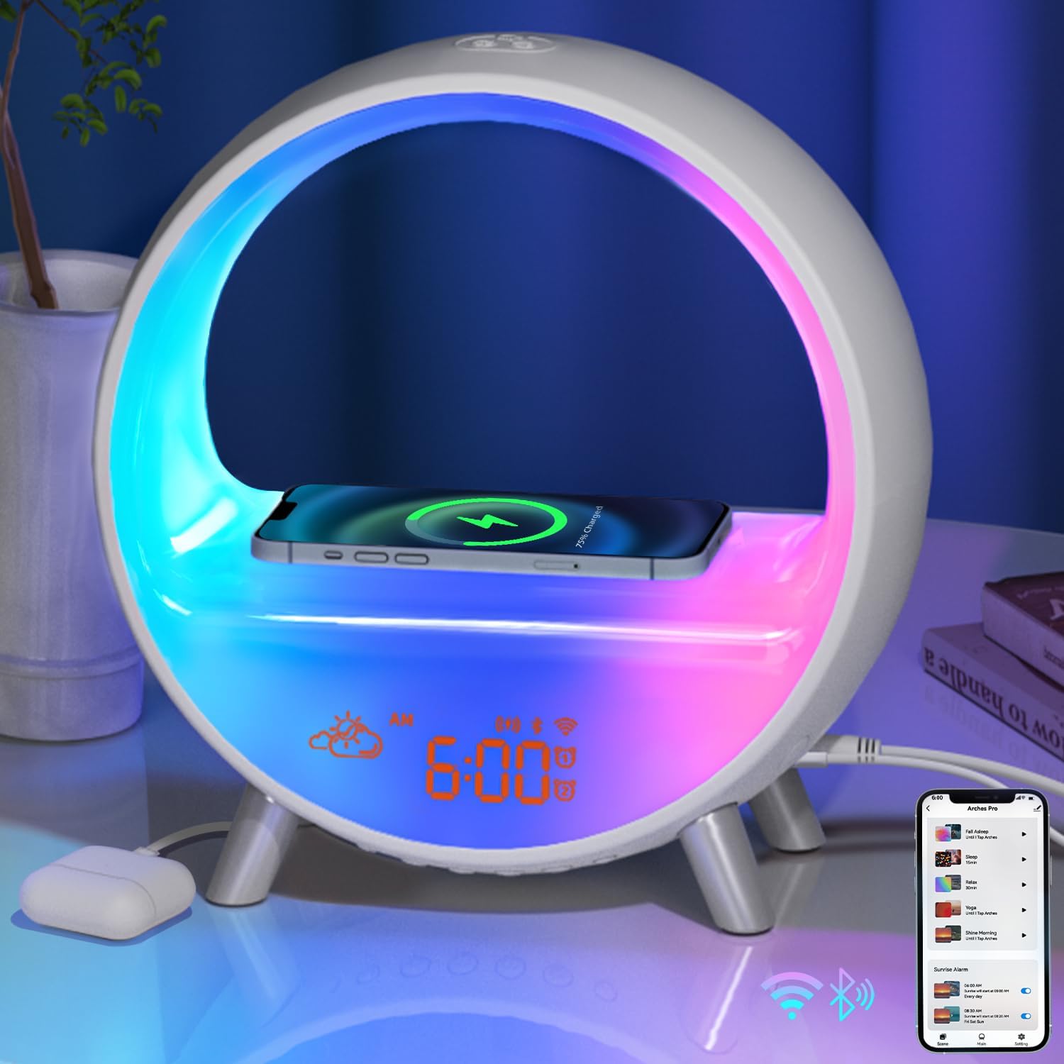 MOMILLA Smart Alarm Clock with Wireless Charging Station, Wake up Light w/Bluetooth Speaker, Compatible with Airpods/iPhone, APP Control White Noise Sound Machine, Sunrise Alarm Clocks for Bedrooms