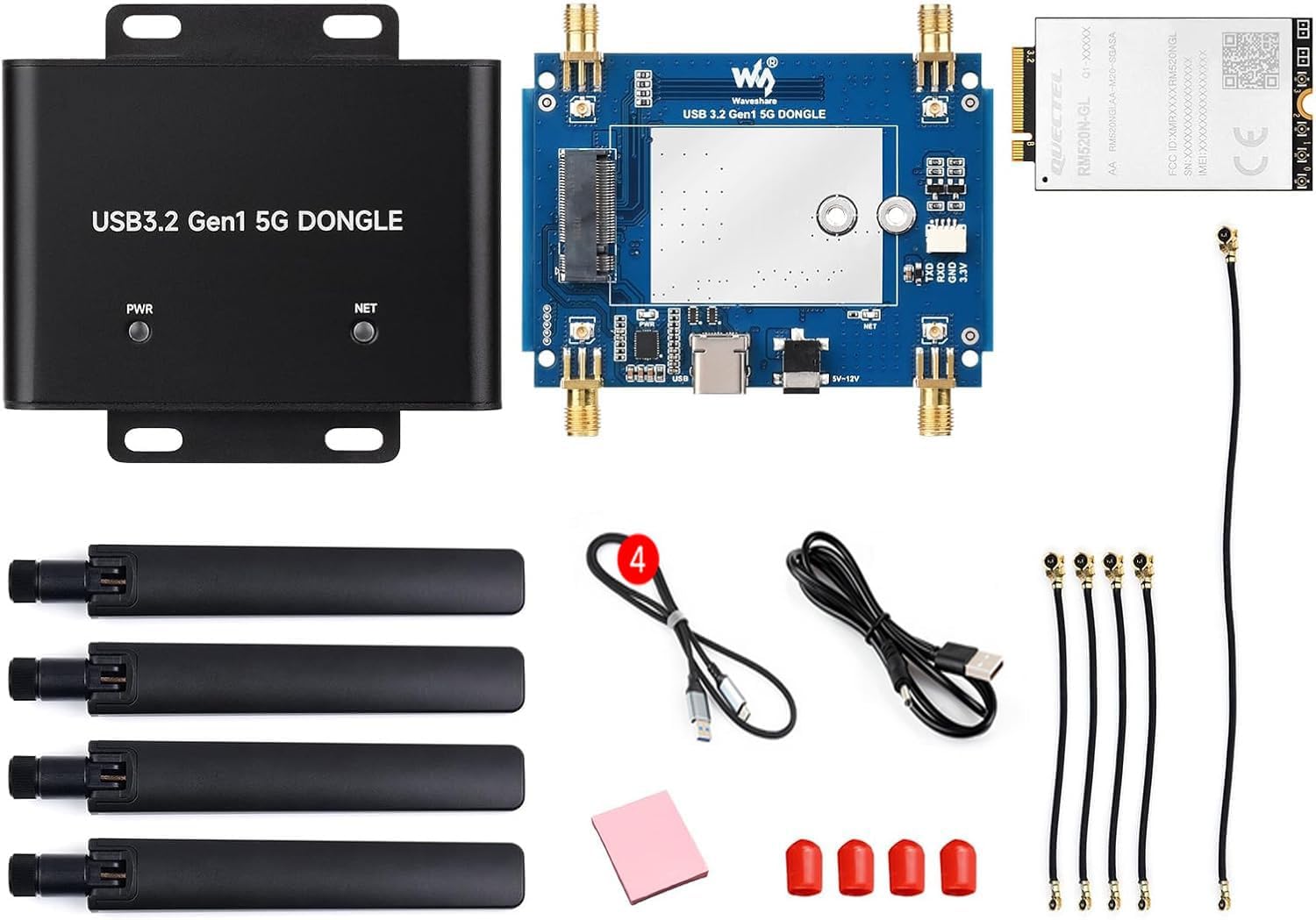 5G DONGLE Expansion Board, USB 3.2 Port, M.2 Key B Interface, Quad Antennas, Aluminum Alloy Case, with Qualcomm RM520N-GL 5G Sub-6G Module, Global Applicable @XYGStudy (RM520N-GL 5G DONGLE (B))