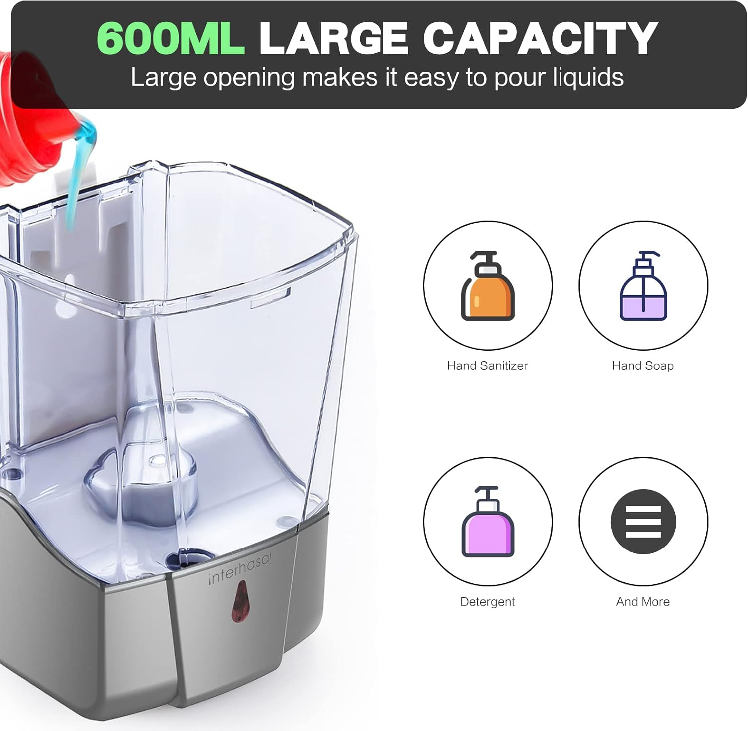 interhasa! Soap Dispenser, Touchless Hand Sanitizer Dispenser Wall Mount 600ml Automatic Kitchen Soap Dispenser for Commercial Home, Office (Silver)