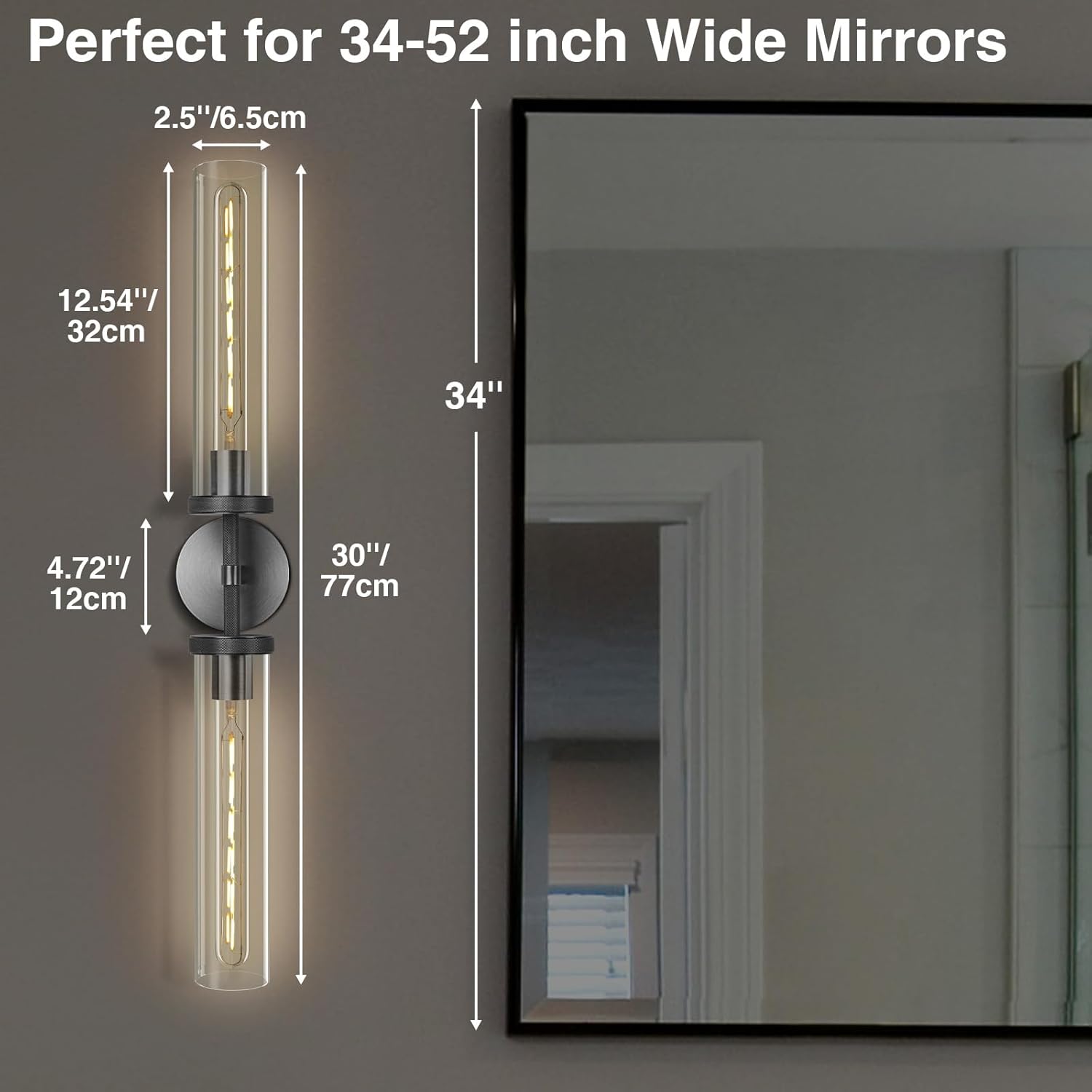 Black Wall Sconce, 30" Modern Knurled Wall Lighting with 2 Clear Glass Tubes, Double Vanity Light Fixture, Bathroom Wall Lamp, Bedroom, Living Room, Hallway Lighting, Hardwired (Including Bulb)