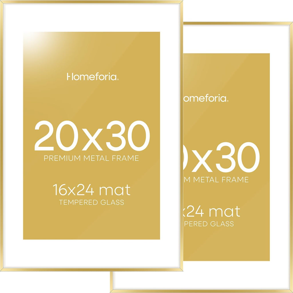 Homeforia 20x30 Poster Frame Gold, High End Metal 20 x 30 Picture Frames with Mat 16 by 24 Photo, 20x30 Gold Frame Matted to 16x24 Print, 30x20 Large Hanging Frames, Tempered Glass, Wall Kit, Set of 2