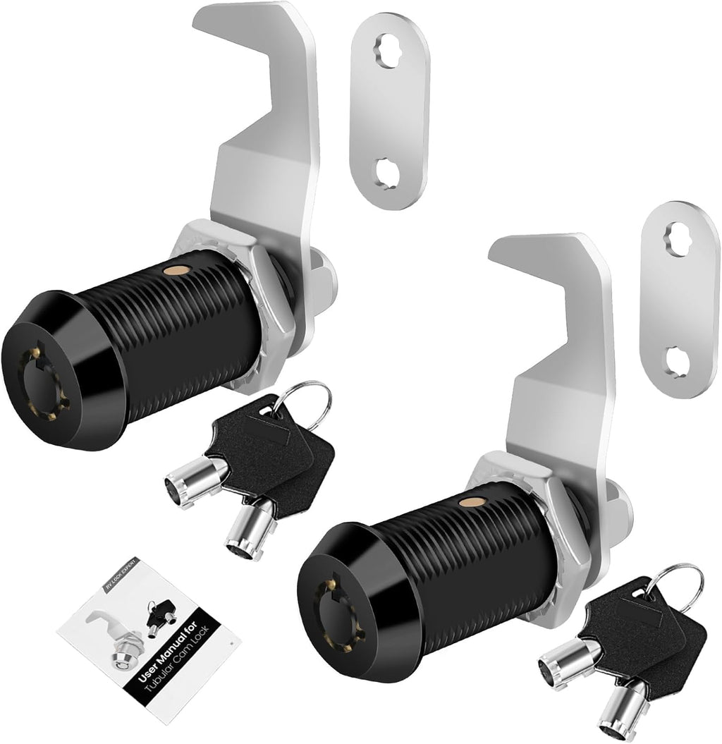 Black Toolbox Lock With Keys, Cabinet Locks Keyed Alike, Hook Cam, Tubular Cam Lock, Tool Box Lock With Manual (1-1/8 Inch 2 Pack-Black)