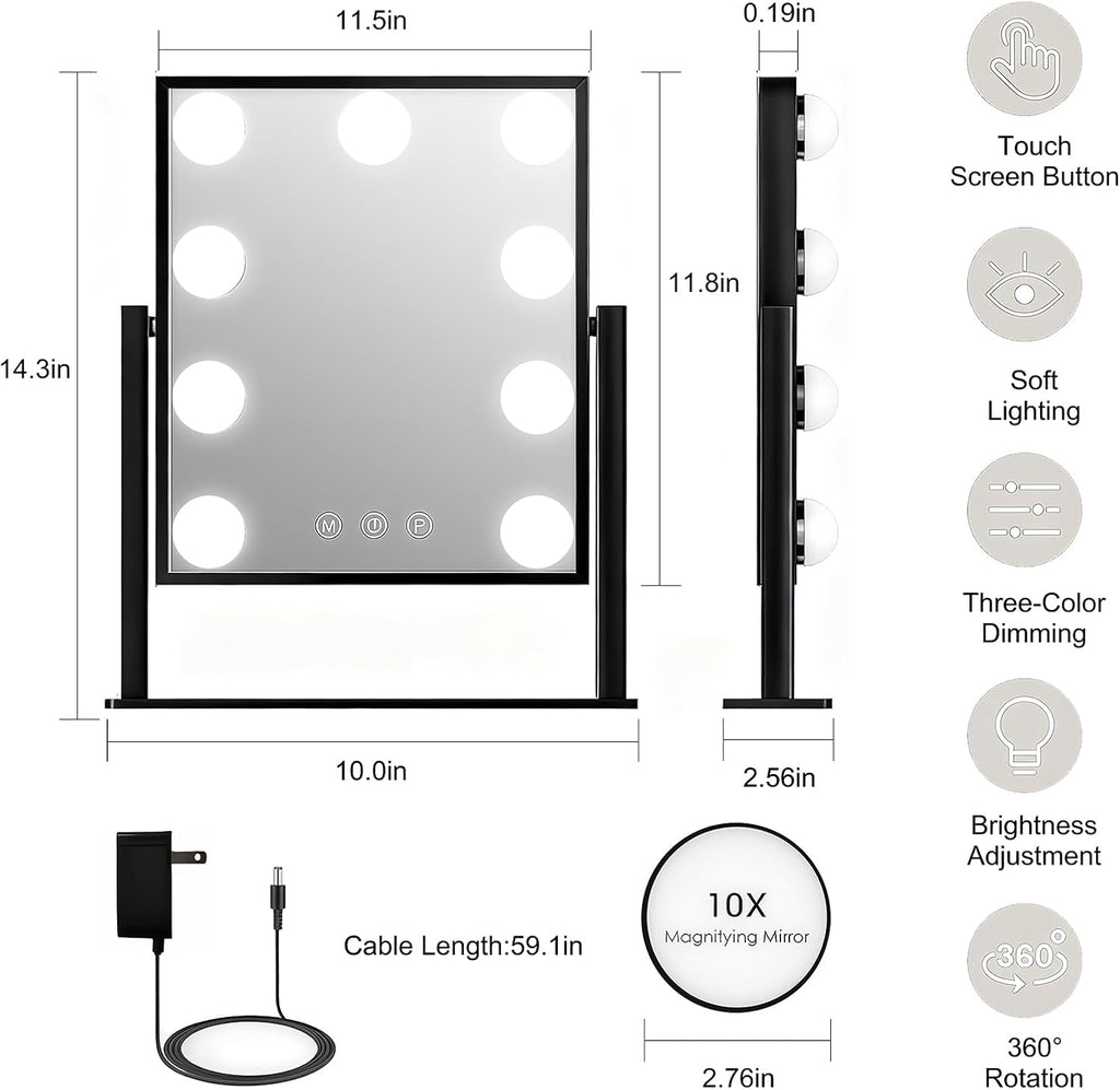 Lighted Vanity Mirror with 9 LED Lights, Detachable 10x Magnifying Mirror, 3-Color dimmable Hollywood Makeup Mirror, Smart Touch Control, Metal Frame, 360-degree Rotation, White/Black (Black)
