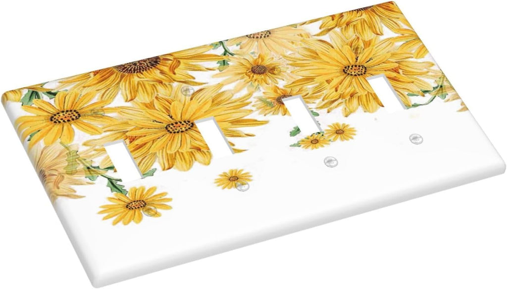 Sunflower Yellow Flowers Floral Light Switch Covers Quad Toggle Electrical Faceplate 4 Gang Wall Plate Decorative Switch Plates for Bed Room Living Room Decor