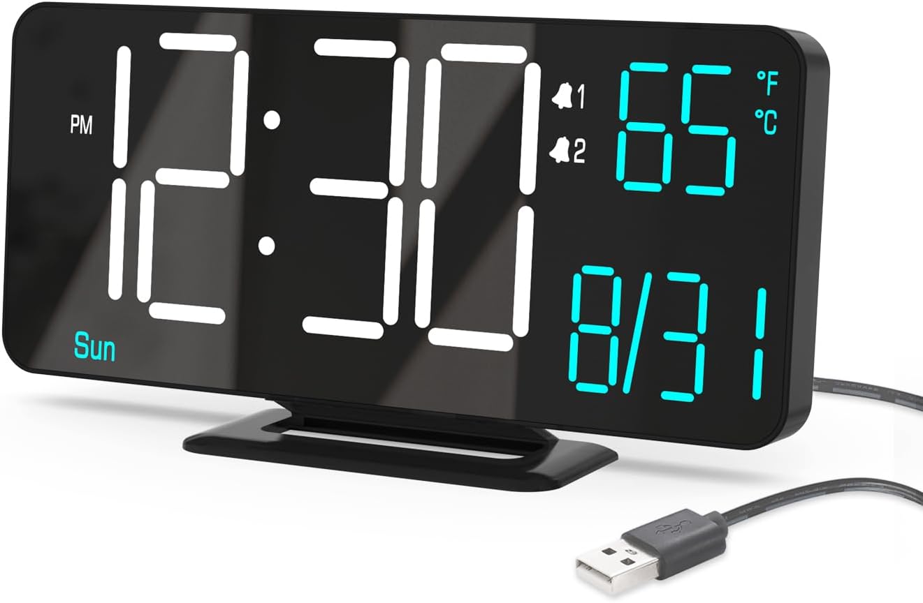 KOSUMOSU Digital Clock for Bedroom 6.7in Small Digital Alarm Clock Black, Dimming,12/24h,Date,Day of Week, Indoor Temperature,Desk Clocks for Classroom, LED Clocks for Living Room, Digital Calendar