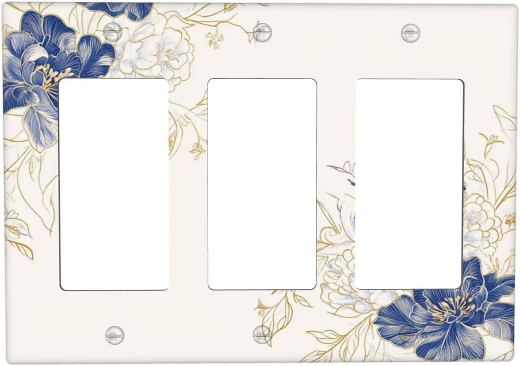 Decorative Outlet Covers Rustic Blue Flower Flaral Gold Leaf 3 Gang Light Switch Cover Plate Triple Rocker Wall Plates for Electrical Outlets Switch Plate Covers for Bedroom Home Decor