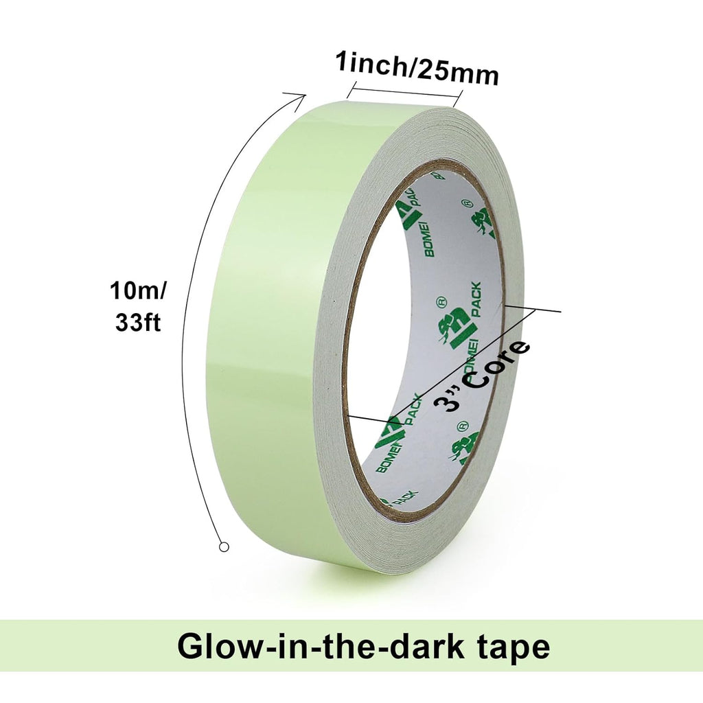 BOMEI PACK Glow in Dark Tape Fluorescent Luminous Tape 1 Pack 1in x 33ft-Bright,Rechargeable,Durable for Indoors and Outdoors Design of DIY Craft Pattern,Creative Decoration,Night time Decorations.