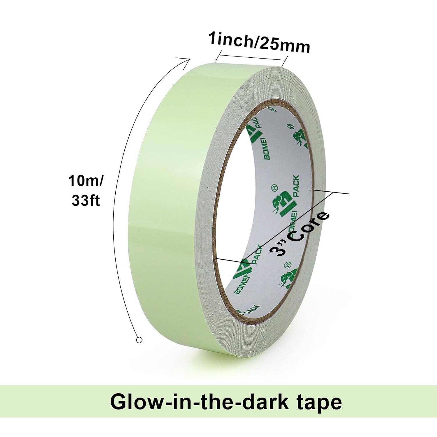 BOMEI PACK Glow in Dark Tape Fluorescent Luminous Tape 1 Pack 1in x 33ft-Bright,Rechargeable,Durable for Indoors and Outdoors Design of DIY Craft Pattern,Creative Decoration,Night time Decorations.