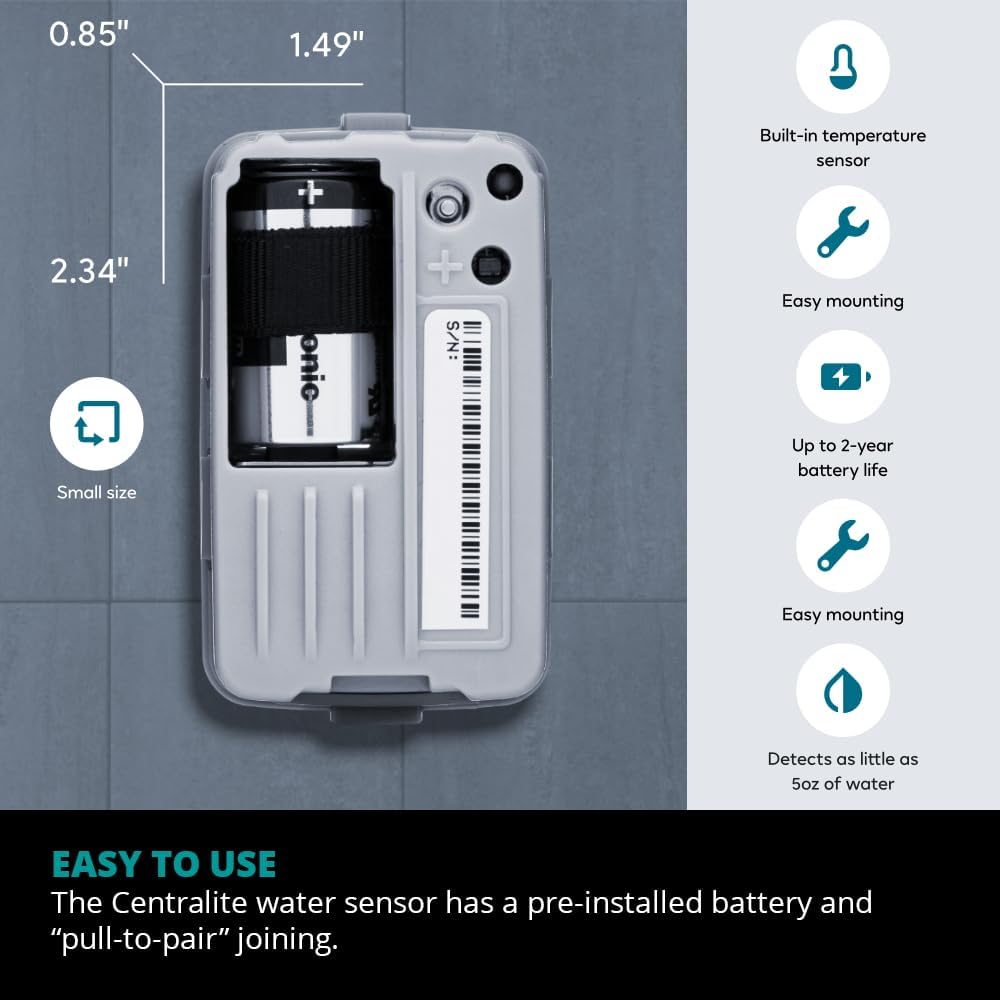 by Ezlo Water Sensor - Monitors Your Whole Home for Leaks - Detects Water Leaks in a Kitchen, Bathroom, Basement or Laundry Room - Zigbee