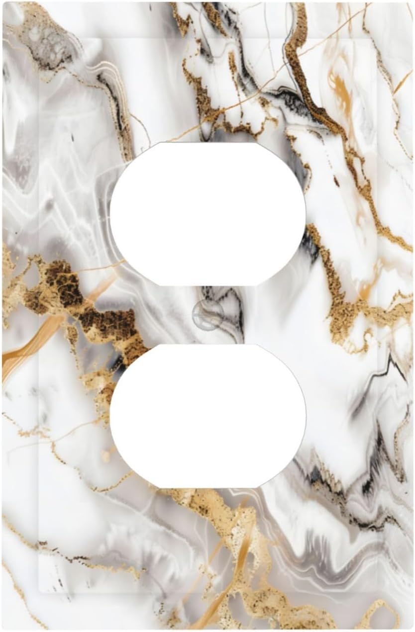Luxurious Marble Abstract White Gold Tile Modern Simplicity Outlet Covers 1 Gang Duplex Light Switch Cover Decorative Switch Plates Electrical Receptacle Faceplate Wall Plate for Bathroom Kitchen Home