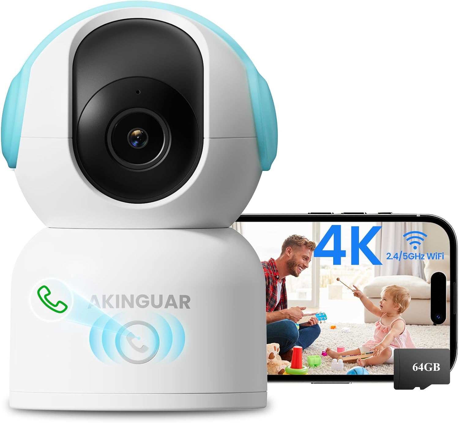 4K 8MP Indoor Security Camera, WiFi Camera with 64GB Memory Card, 360° Pan/Tilt IP Surveillance Camera, Auto Tracking, AI Human/Baby Cry/Pet Detection, Night Vision, 2-Way Audio