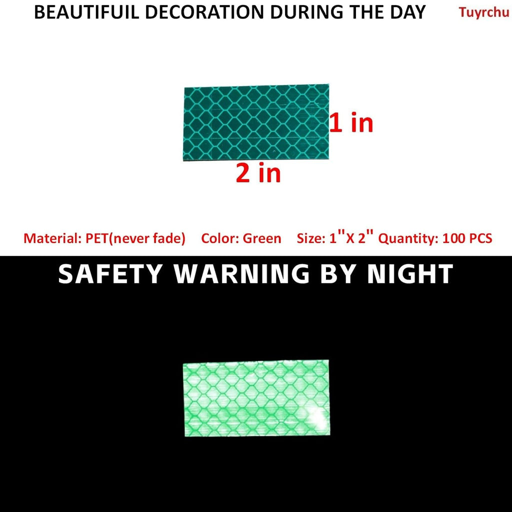 Non Fading Green Reflective Stickers 1 inch X 2 inch, Outdoor Waterproof High Visibility Warning Safety Adhesive Reflector Tape (100 Pcs)