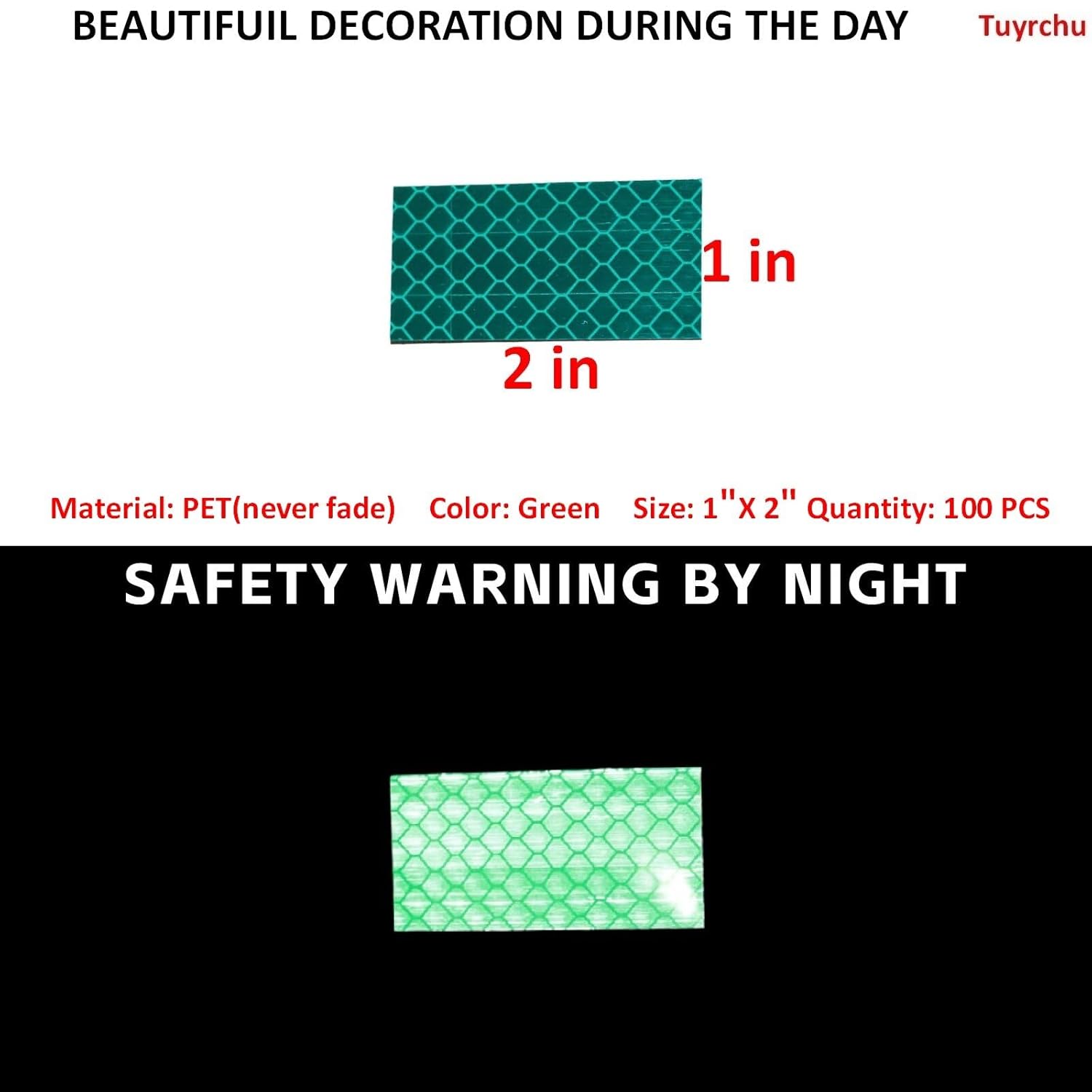 Non Fading Green Reflective Stickers 1 inch X 2 inch, Outdoor Waterproof High Visibility Warning Safety Adhesive Reflector Tape (100 Pcs)