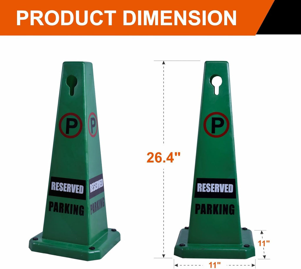 26.5" Caution Cones, 4-Sided Visible Safety Signs with Heavy Rubber Base, Warning for Slip & Fall Prevention, Indoor/Outdoor Use (8, Reserved Parking-Green, 26.5 inch)