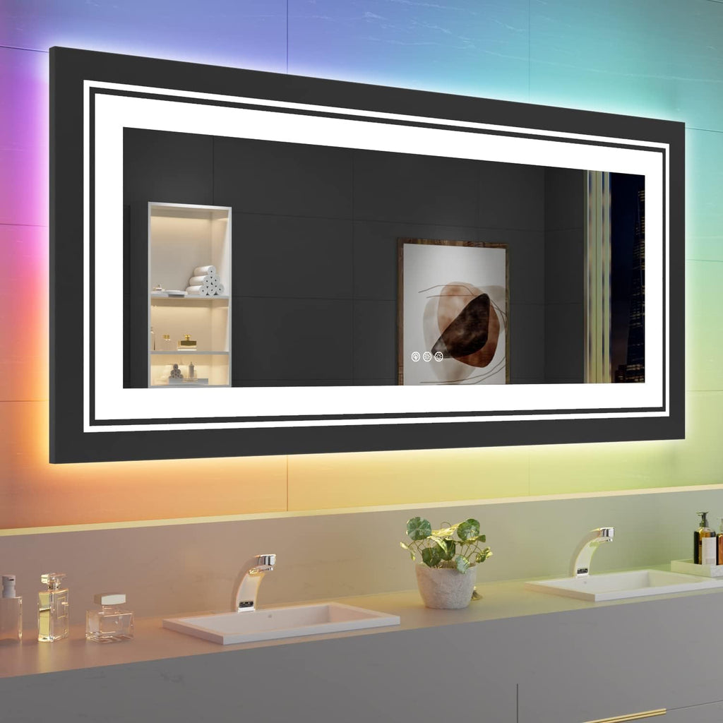 LED Mirror for Bathroom, 60"X28" with 8 RGB Backlit +3 Front Lit (Adjustable Individually), Anti-Fog, Large Lighted Bathroom Vanity Mirror for Wall,Shatterproof,Memory Function,Tempered Glass