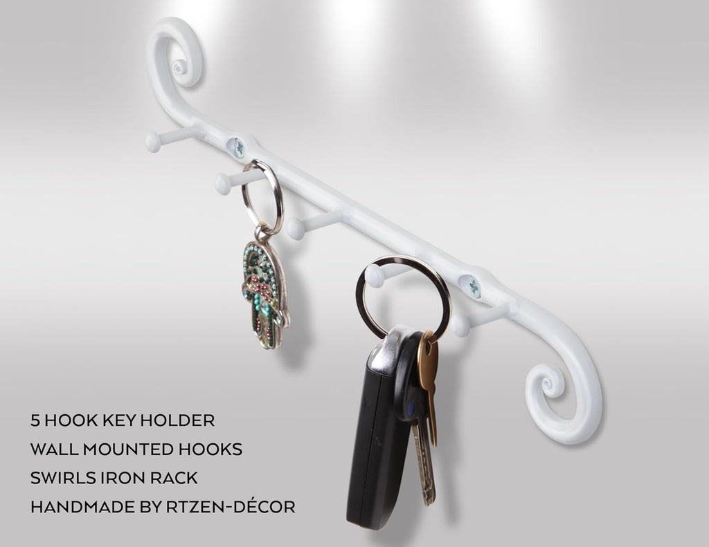 RTZEN Farmhouse Small Key Holder for Wall - Handcrafted Swirl Decorative 5 Key Hooks for Home Entryway - Wrought Iron Wall Mount Rack Purse Coat and Leash Holder or Organizer (Classic White)